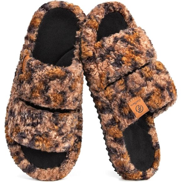 ⚡Women's Diva Spots Fuzzy Open Toe Slippers Soft Comfy Memory Foam House Shoes - Picture 1 of 8